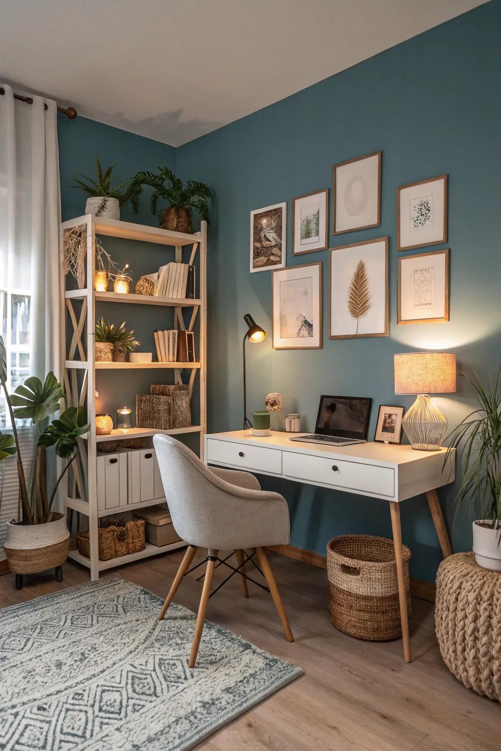 Attain harmony with balanced palette choices of warm blue, neutrals, and greys.