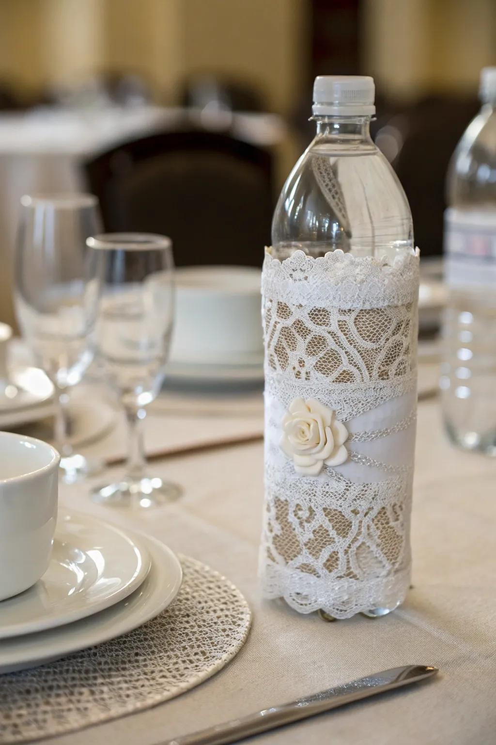 An elegant drinking bottle enveloped in white netting.