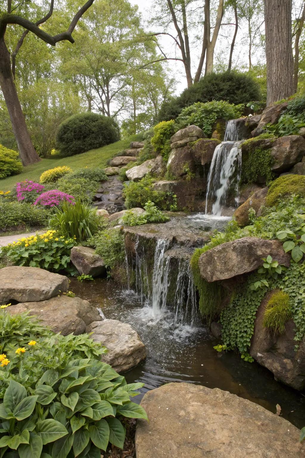 Dynamic cascades introduce motion and calming sounds to any garden.