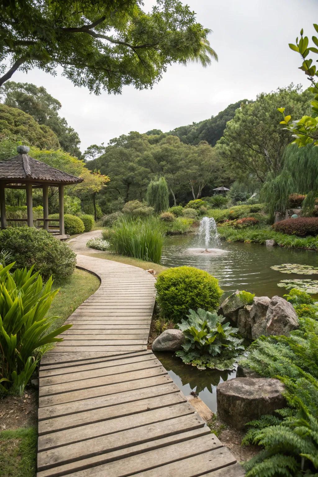 Wood paths encourage you to discover your water garden.