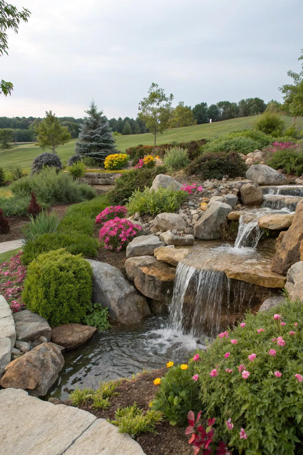 A reservoir-free waterfall delivers beauty with minimal upkeep.