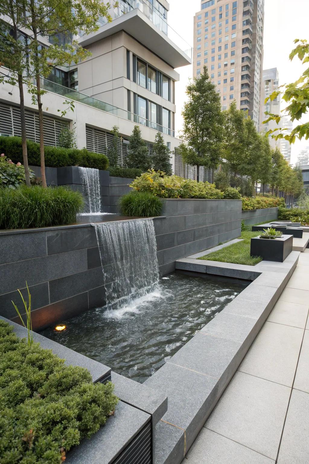 A contemporary waterfall showcasing sleek stones inside an urban garden.