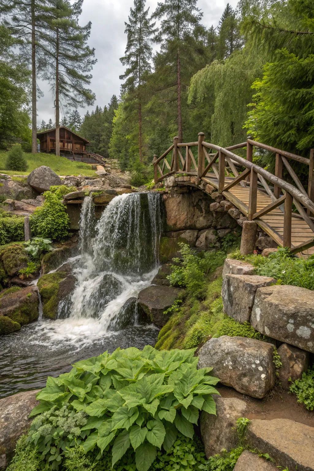 A rustic waterfall with a wooden footbridge delivers a charming getaway.