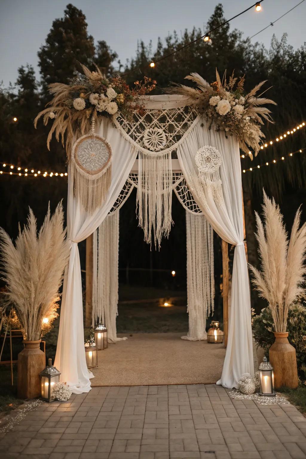 A boho-inspired arch ideal for a free-spirited wedding.