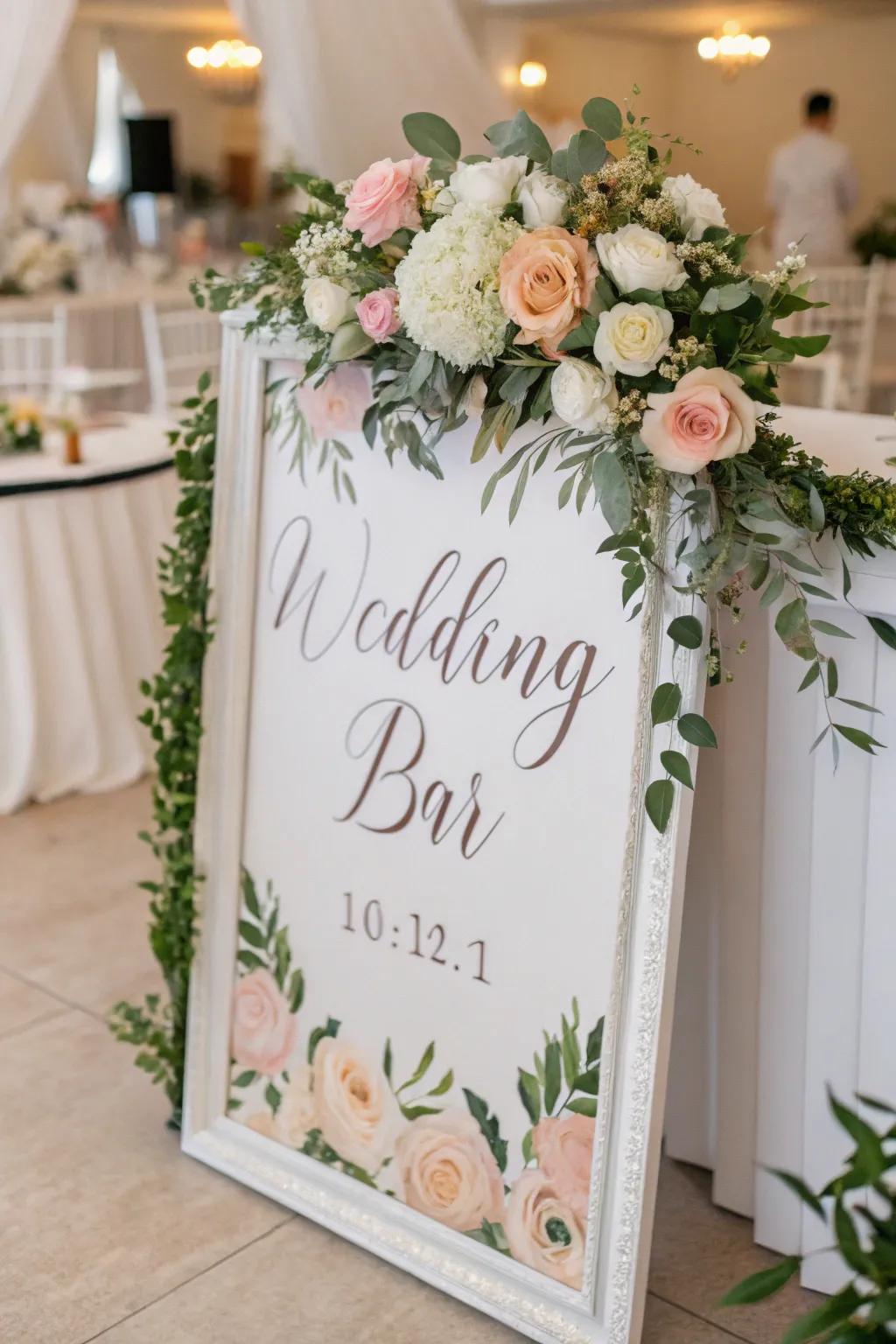 A bar sign decorated with an enchanting floral border.