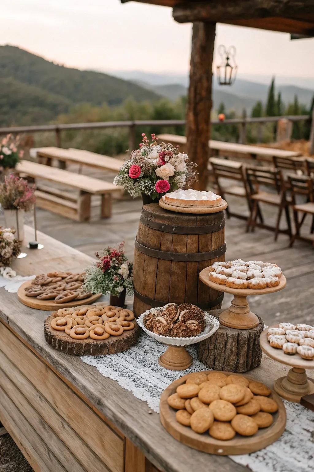 A rustic-themed wedding cookie table with wooden accents.
