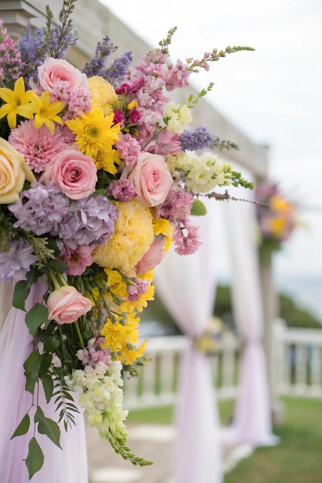 A vibrant combination of bright and pastel flowers, resulting in a striking arrangement with varied color schemes.
