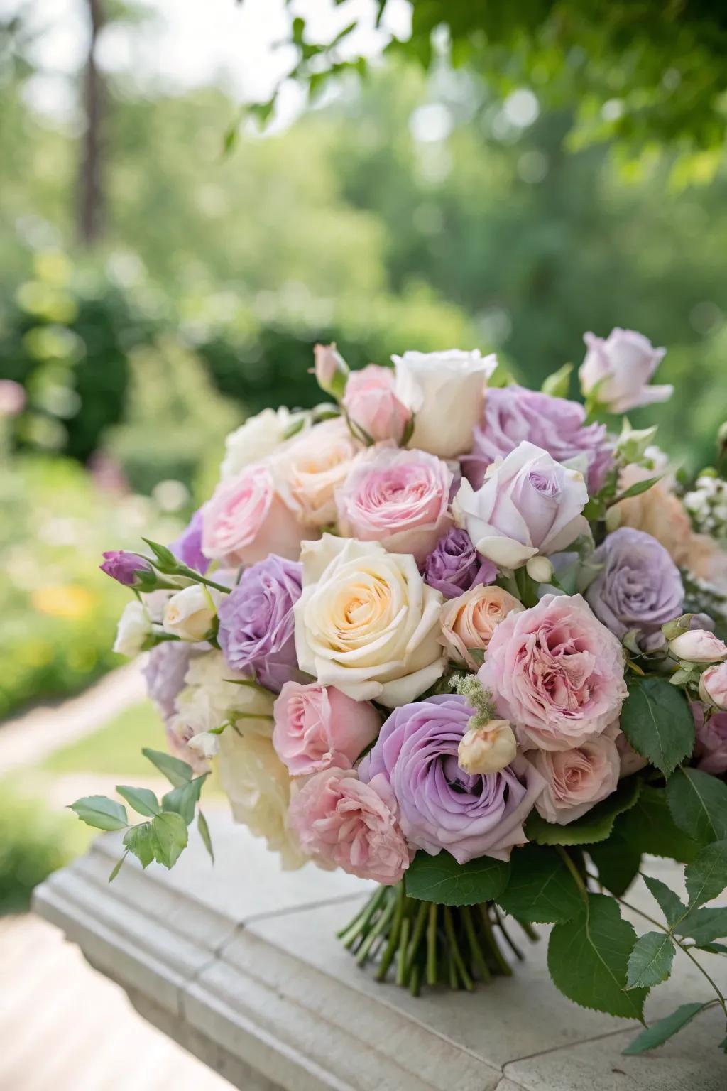 A romantic garden rose bouquet displaying soft pastel tones.