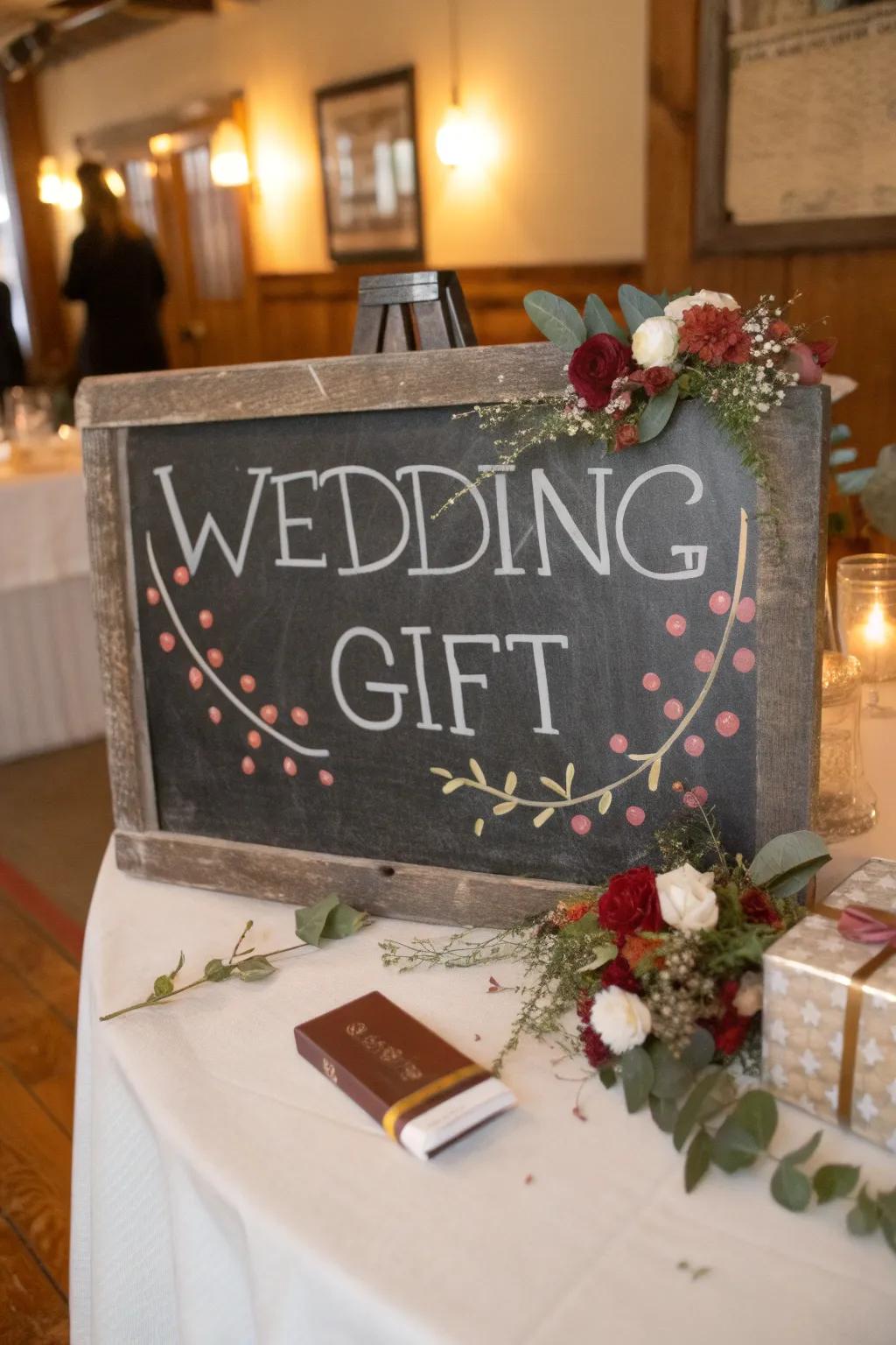 A versatile chalkboard sign for wedding gifts.