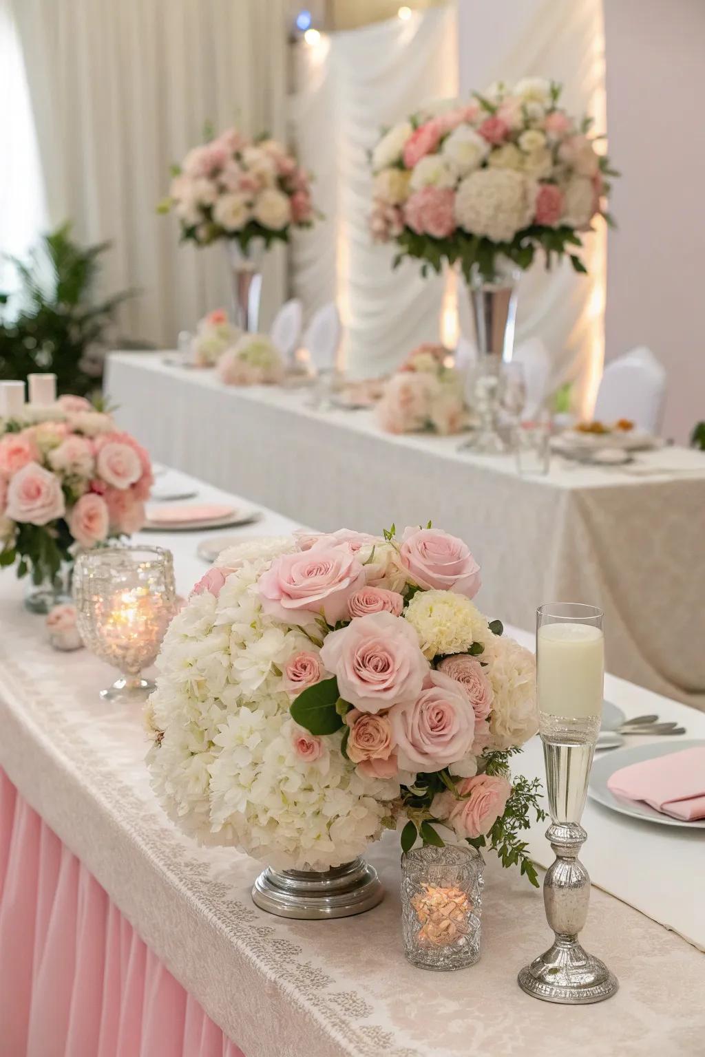 Subtle floral compositions crafting a dreamy wedding head table.