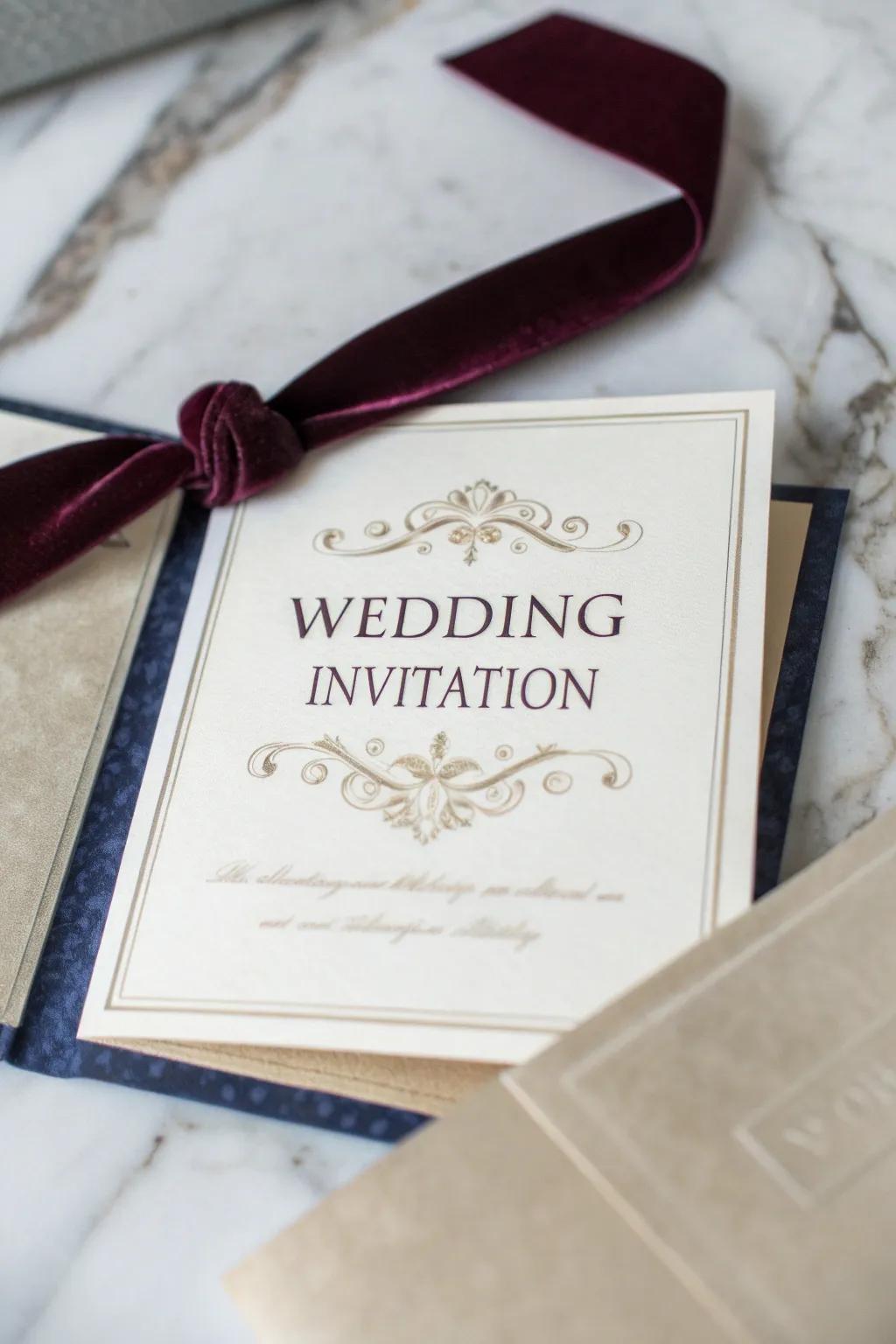 A wedding invitation features a plush ribbon highlight.