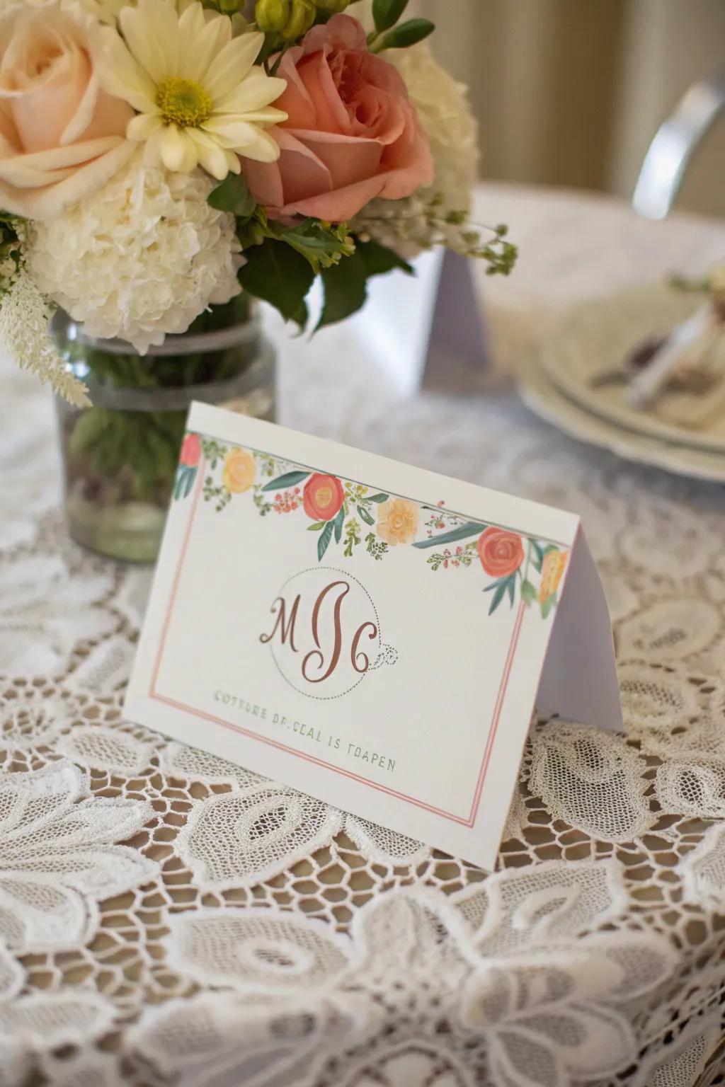 A customized registry card featuring a monogram and thematic colors.