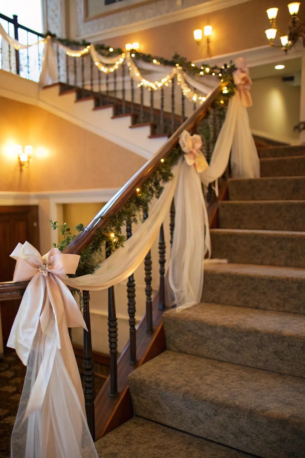 Silken bands introduce a delicate sophistication to this magnificently adorned stairway.