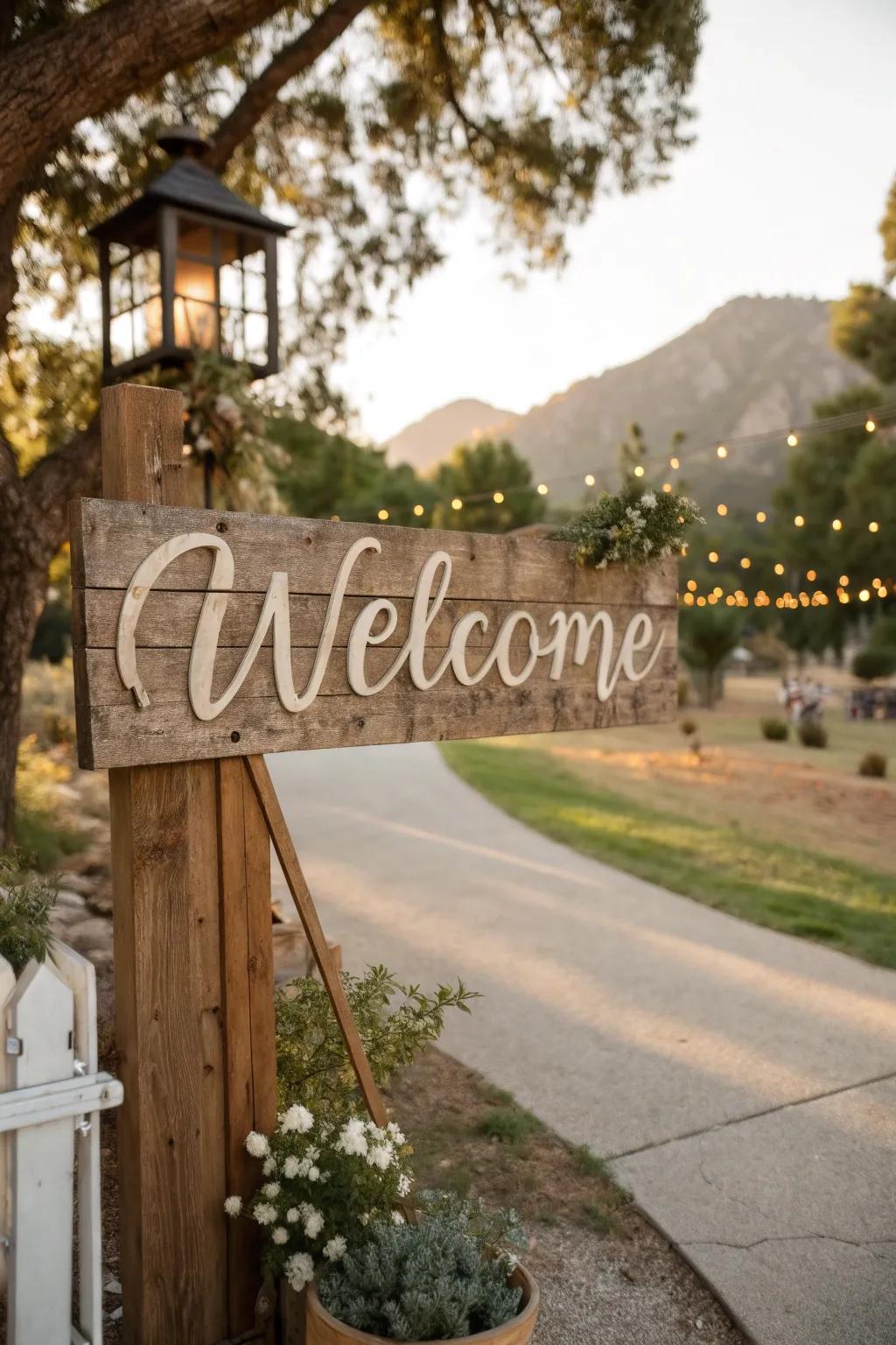 A woodland welcome sign establishes a country celebration theme.