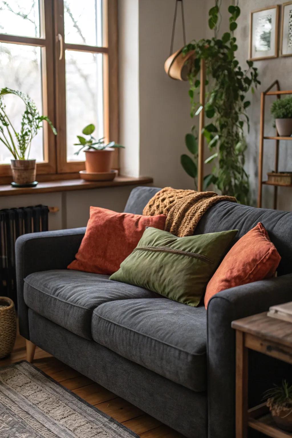 Earthy-toned cushions contribute warmth and coziness to a dark grey sofa.