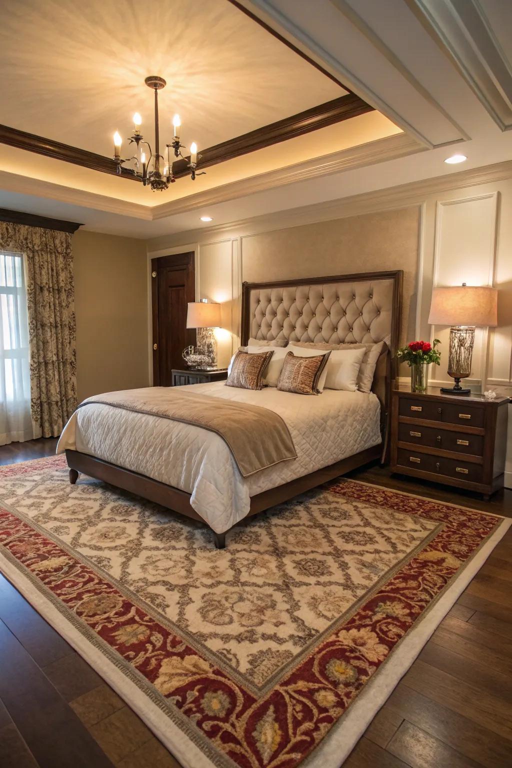 A 7x10 rug enhances depth and a hint of luxury to a roomy bedroom setting.