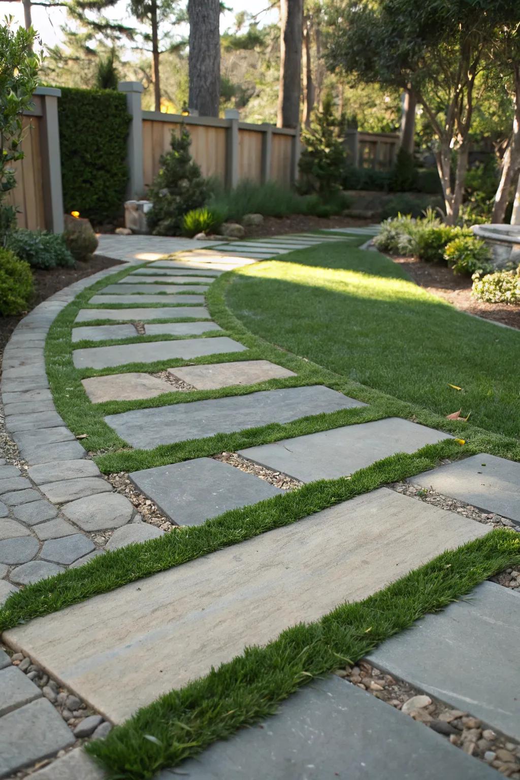 Fake grass between flagstones for a crisp, simple pathway.