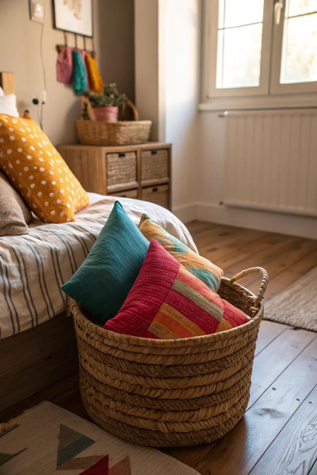 A decorative basket for pillow storage adds charm and practicality.