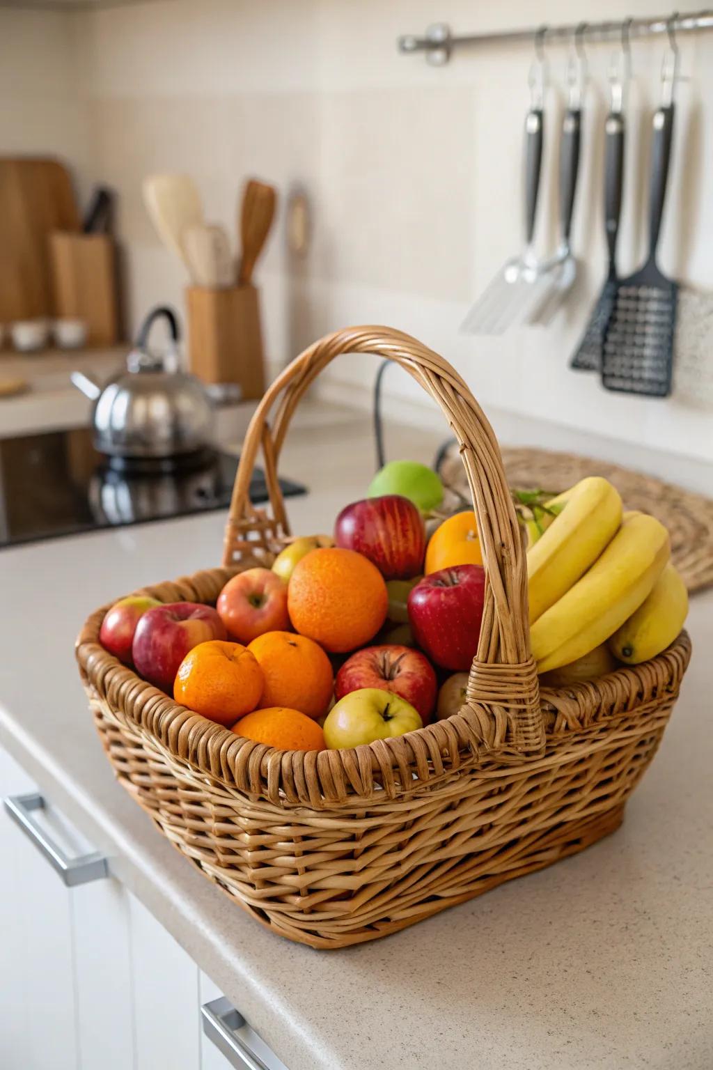 A basket of fresh fruits adds a natural and functional charm to the kitchen.