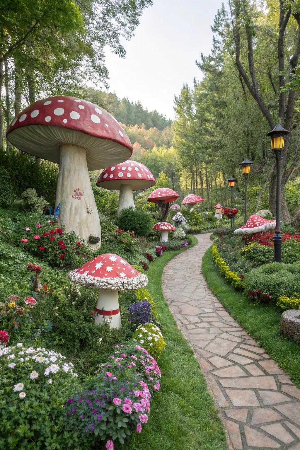 Mushroom decor provides a whimsical accent to any garden.