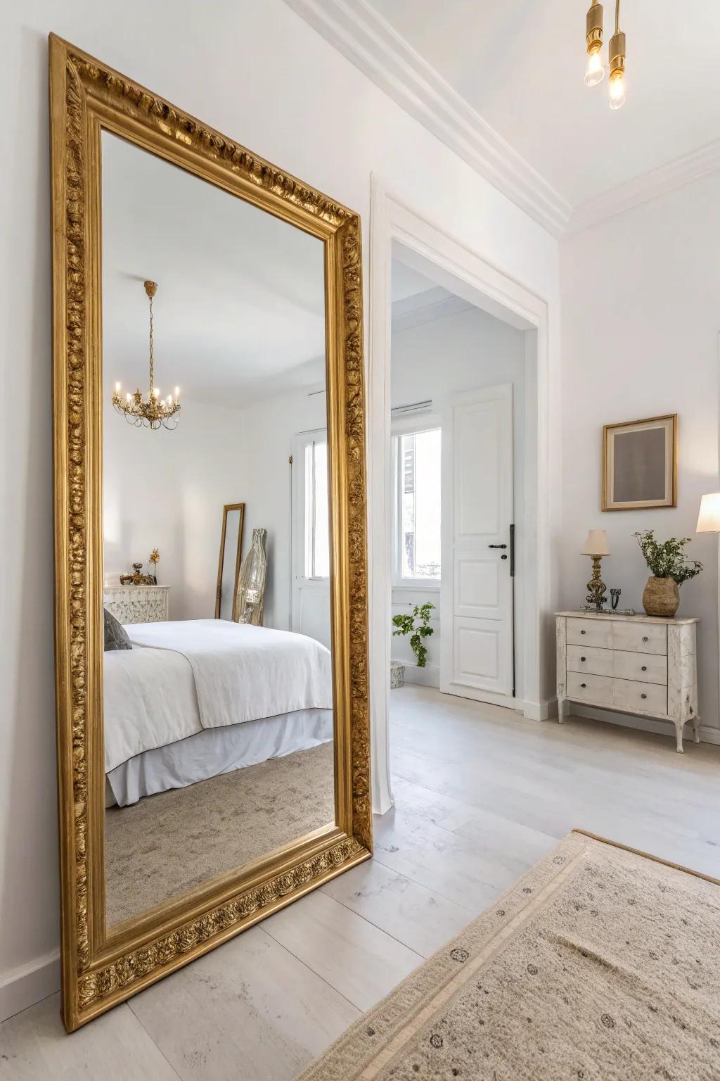 Gold-framed mirrors amplify light and space.