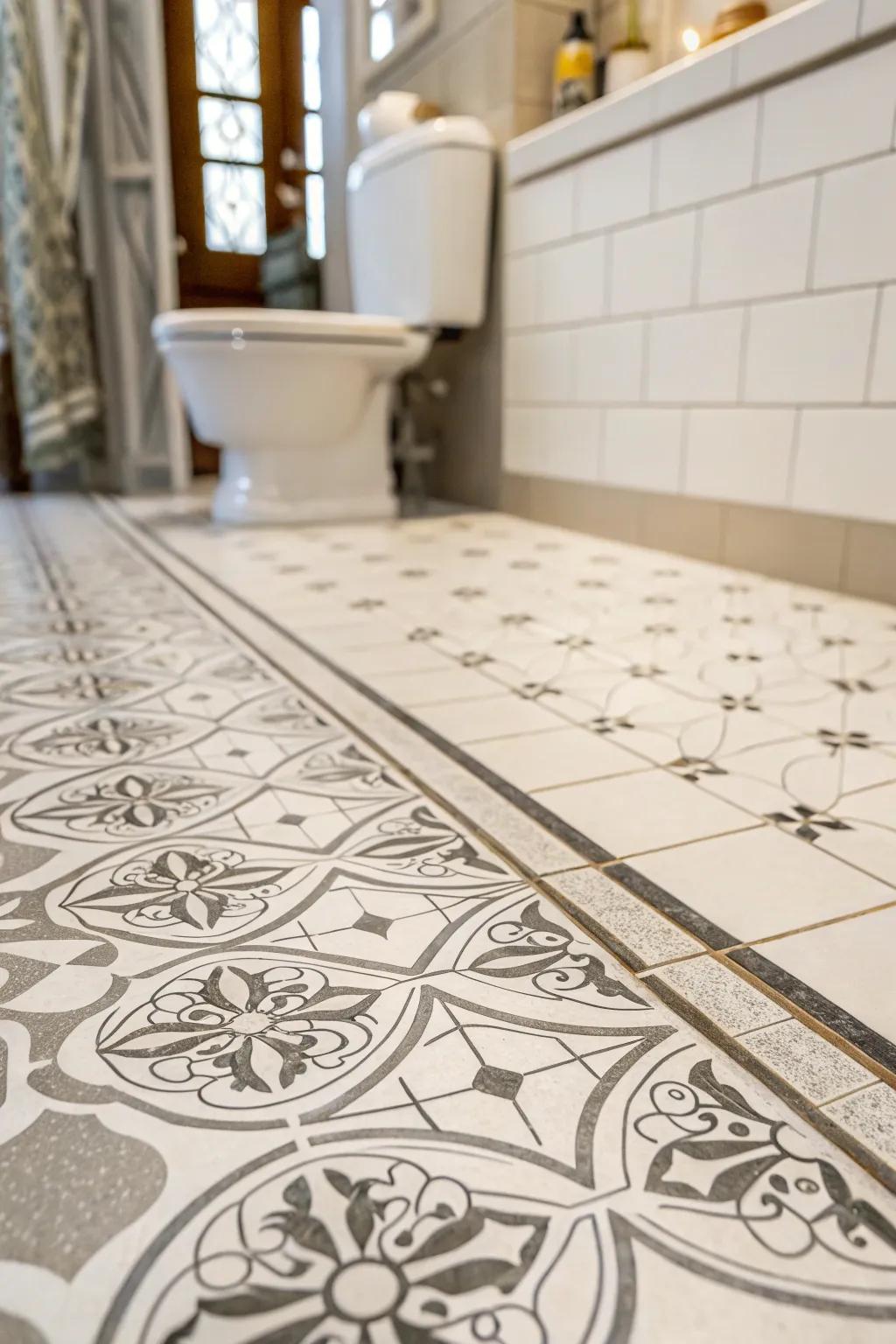 Patterned flooring brings a lively sophistication to your bathroom.