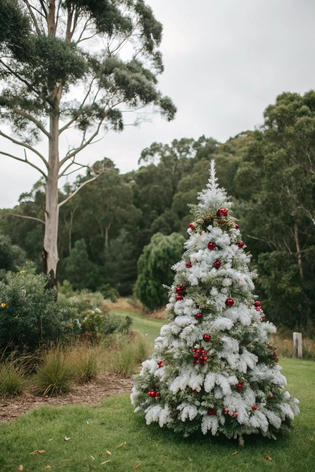 A nature-inspired white Christmas tree adorned with eucalyptus and holly.