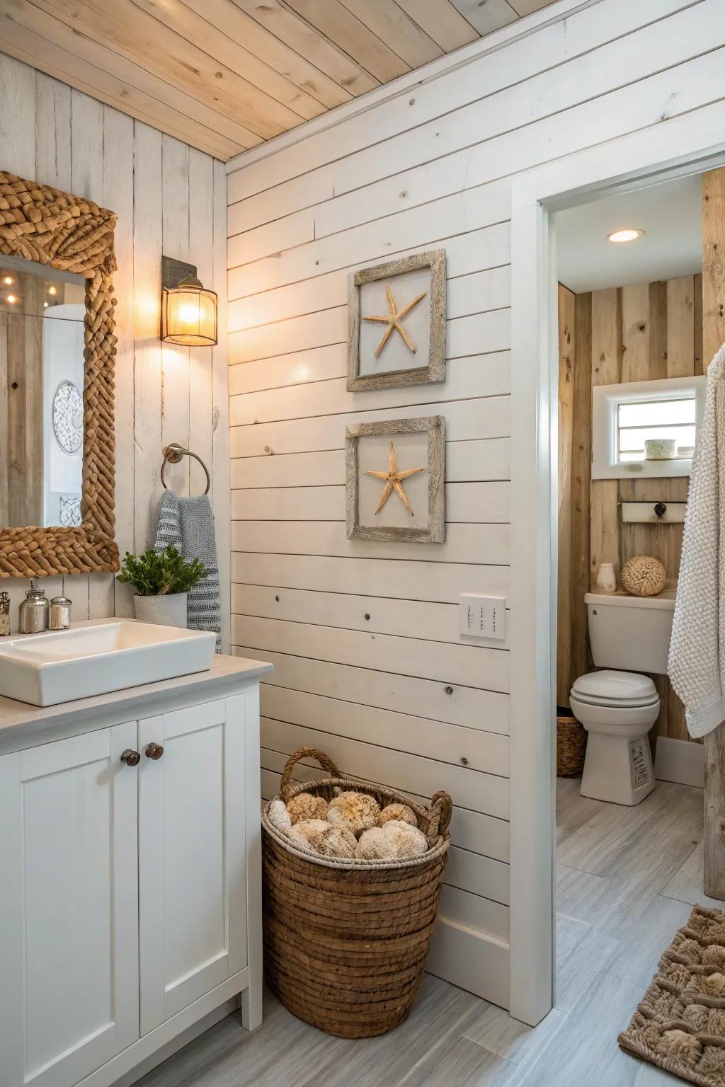 Textured shiplap walls enhance the depth of a coastal bathroom.