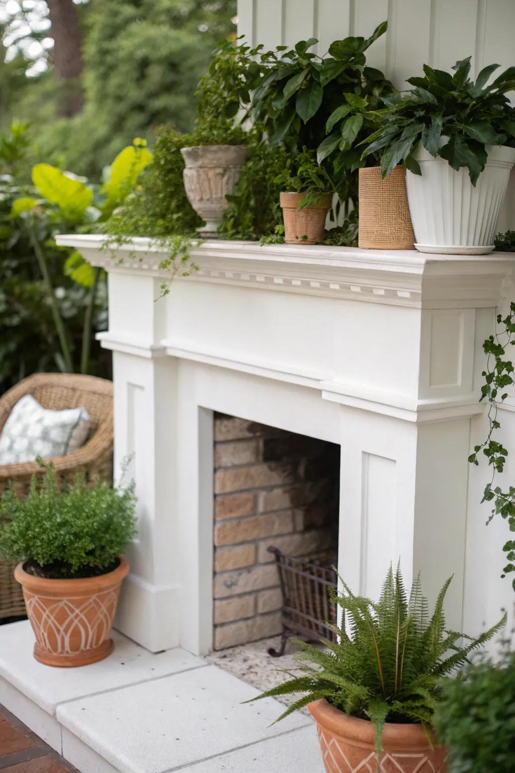A white fireplace beautifully enhanced with lush greenery.