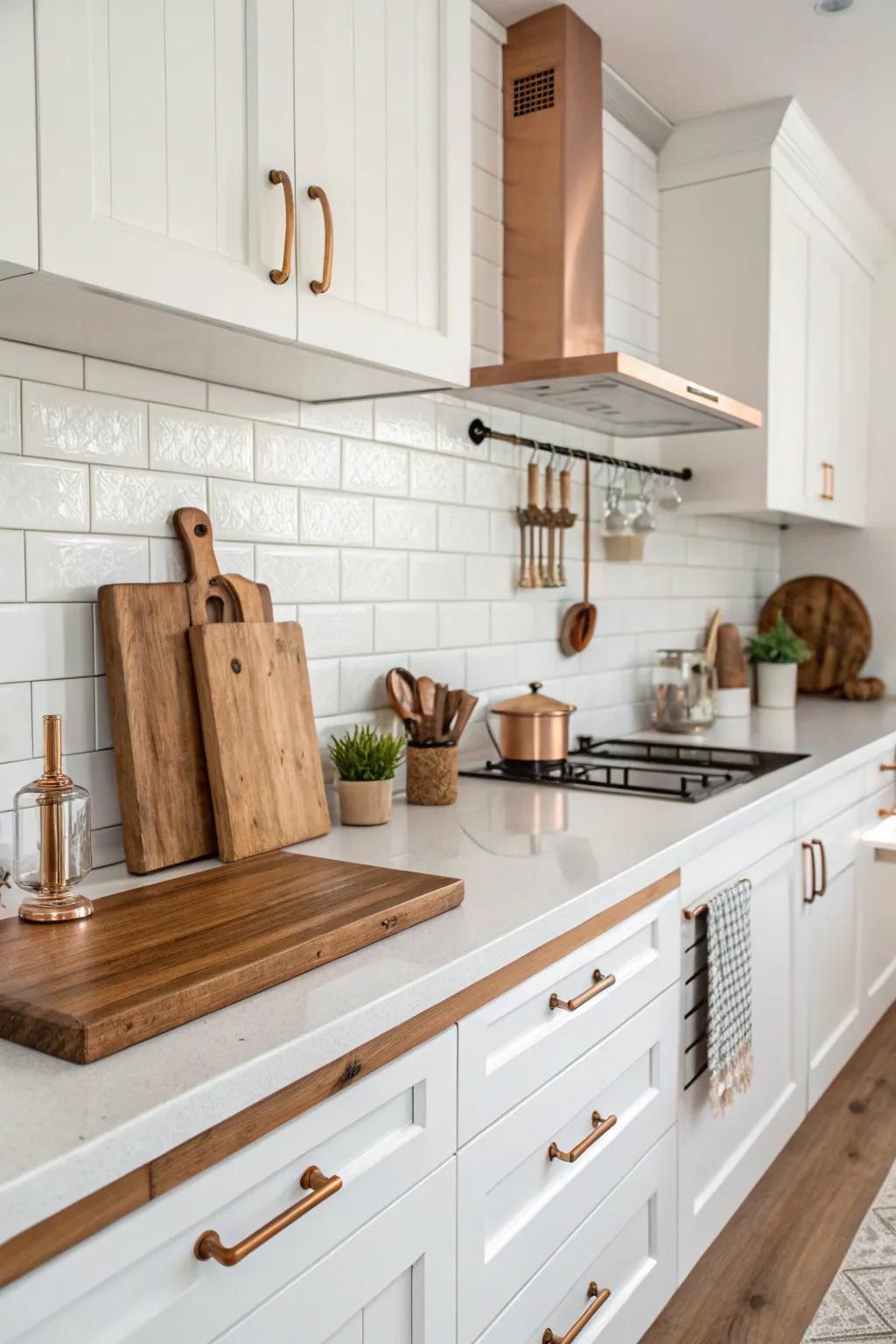 Warm copper hardware adding vintage appeal to a white kitchen.