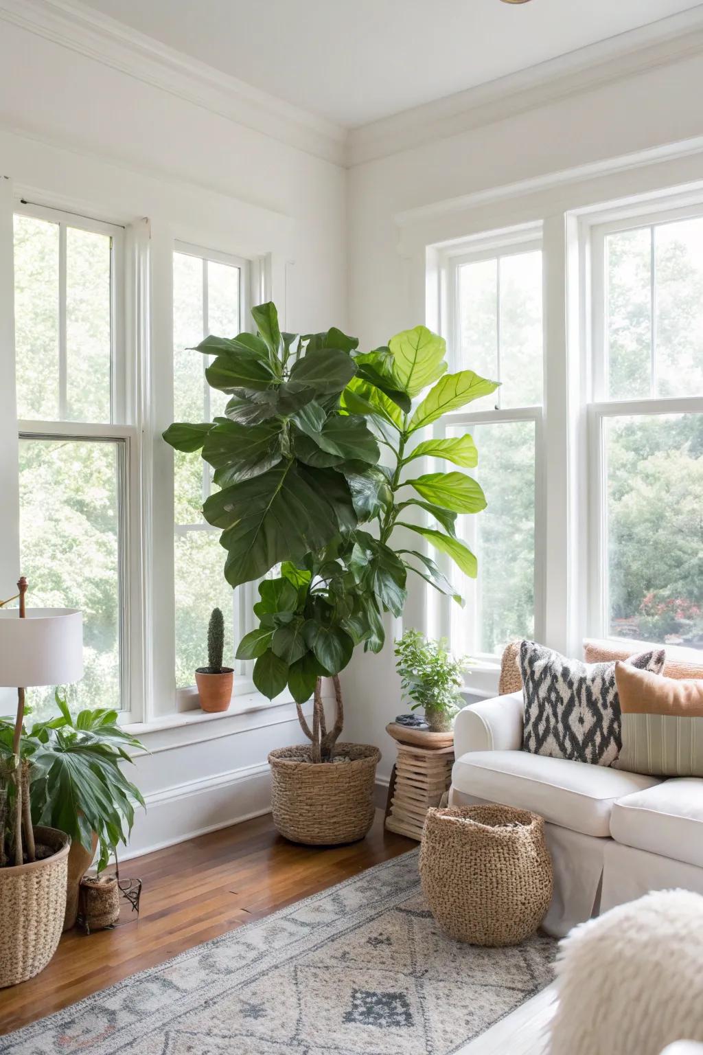 Green plants elevate the vibrancy of a white room.