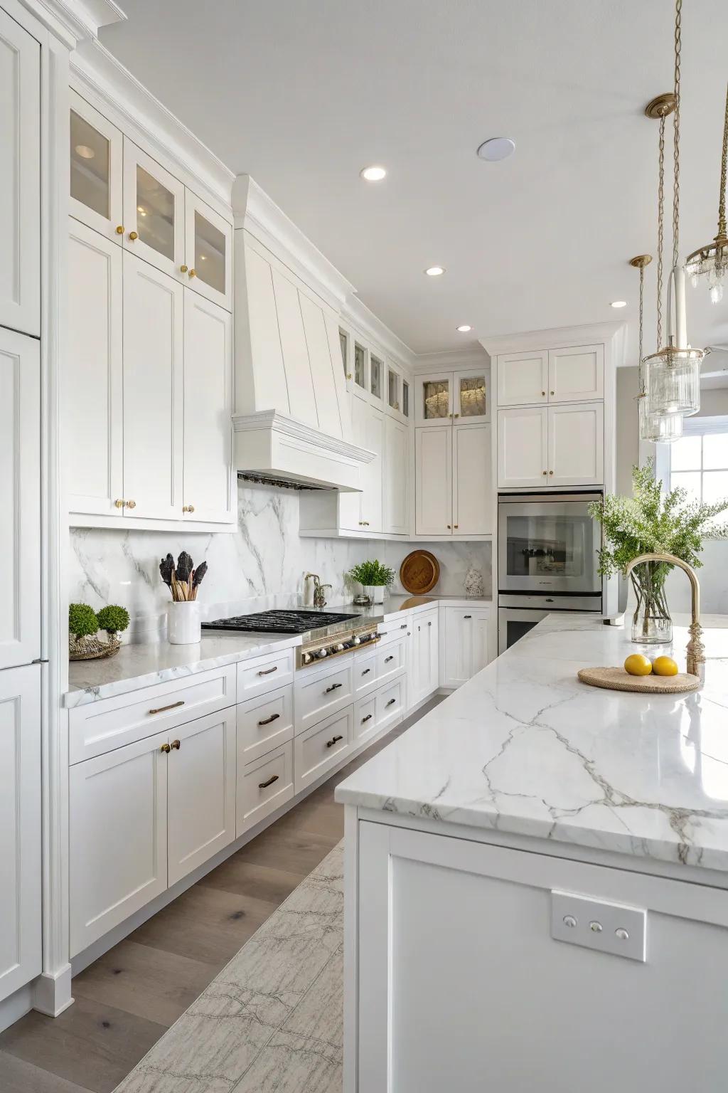 The elegance and brightness of marble countertops enhance the kitchen's appeal.