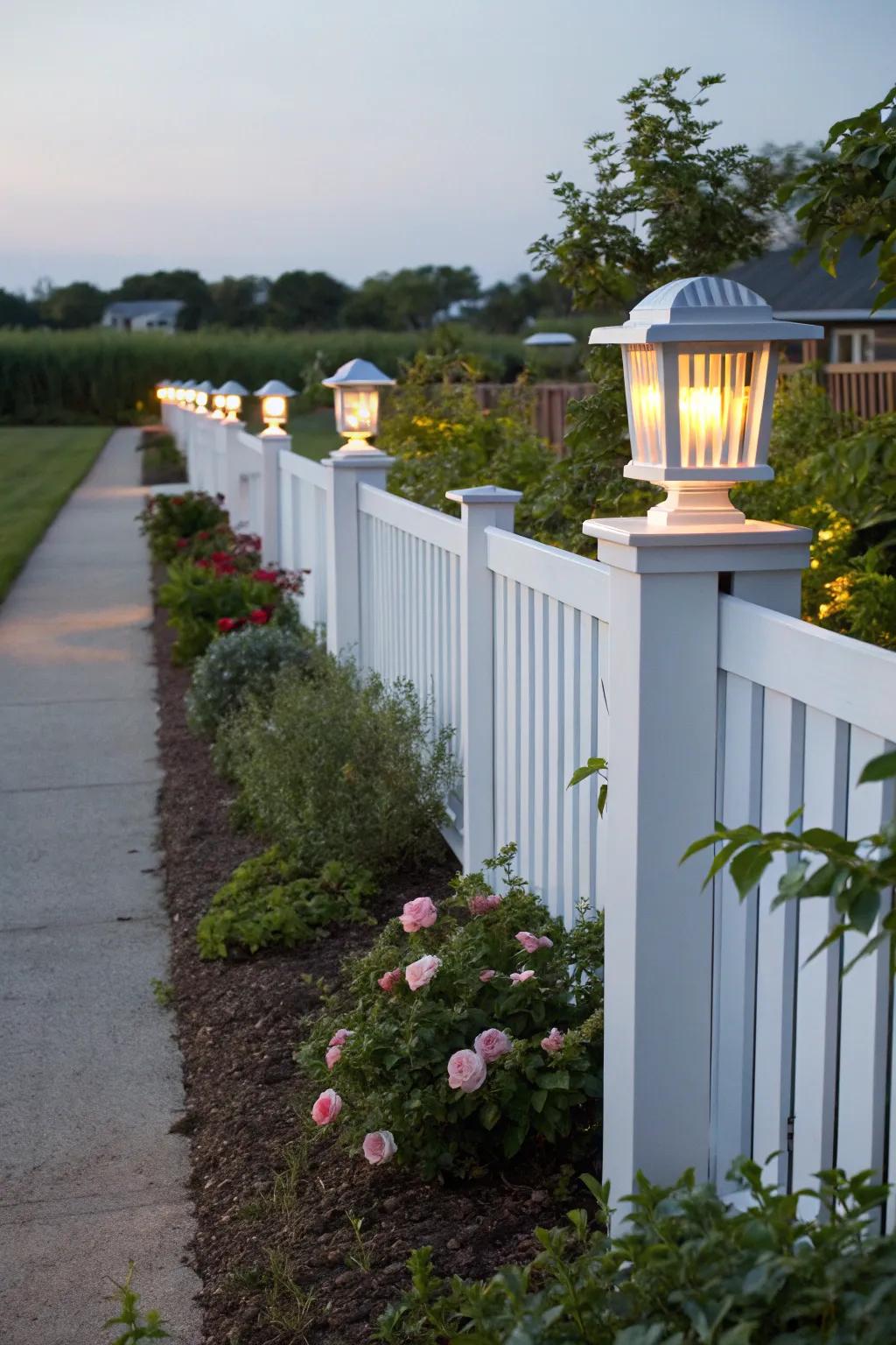 Ornamental pillar toppers add both sophistication and utility to a white privacy fence.