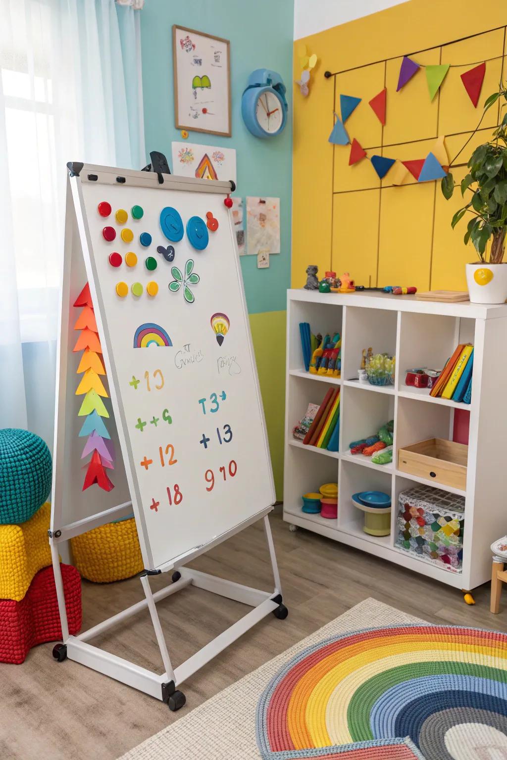 Three-dimensional aspects enliven this whiteboard in a playful environment.