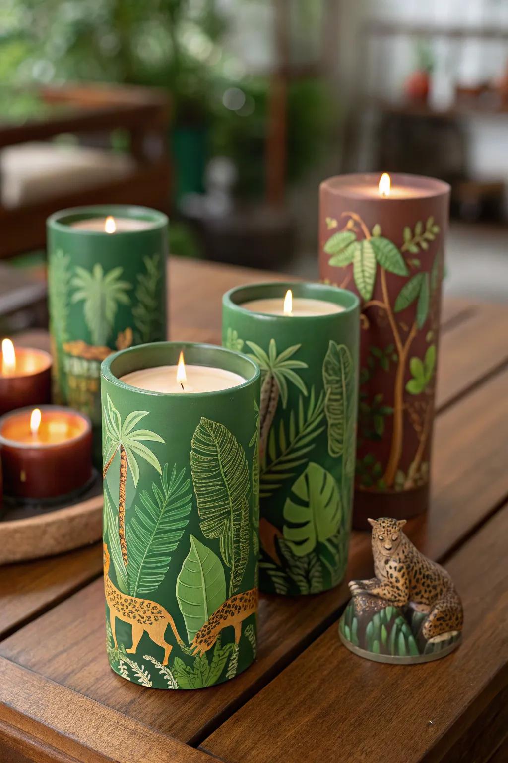 Handcrafted forest-inspired wax lights infuse an inviting element to event keepsakes.