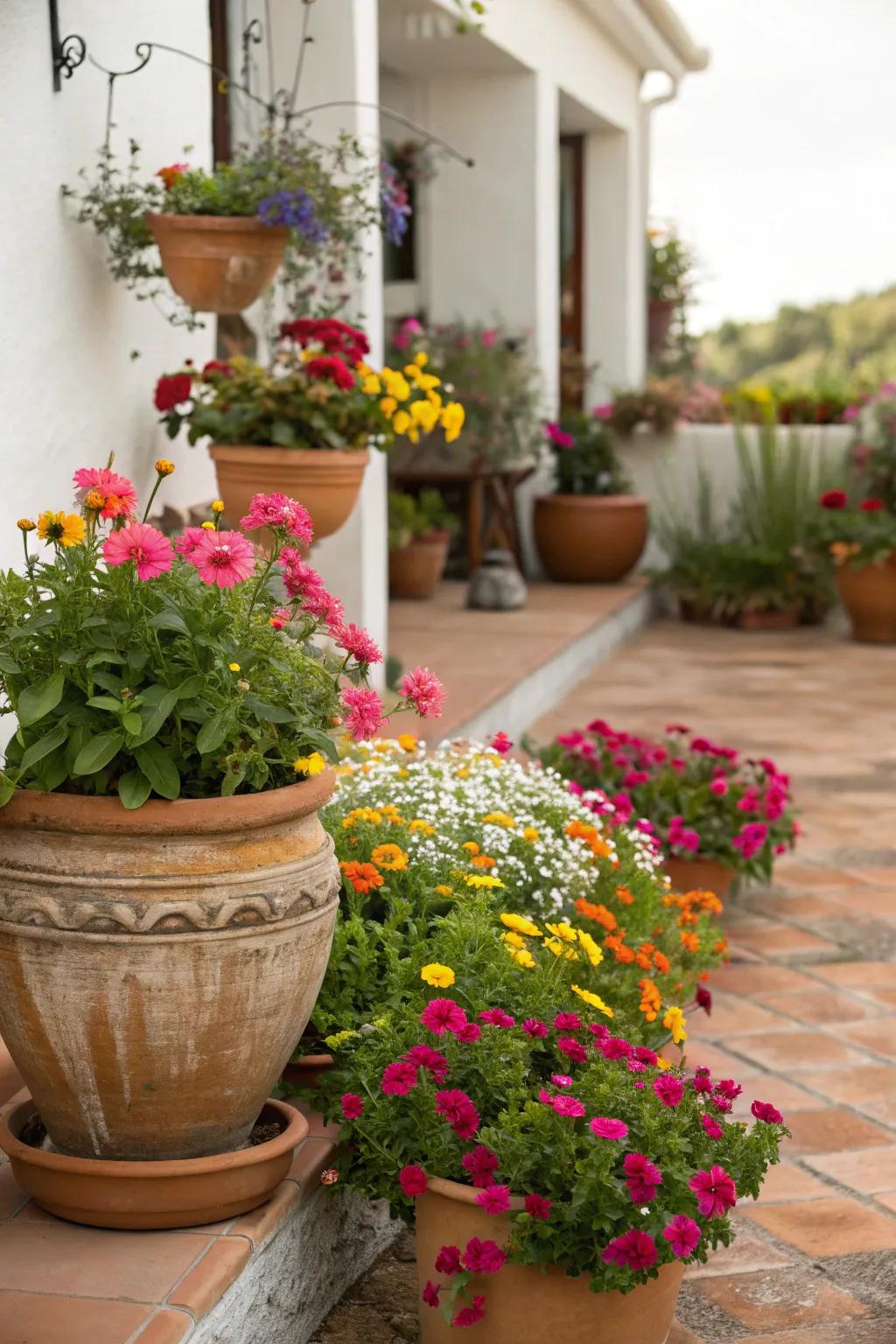 A vibrant display of wildflowers shown in decorative pots.