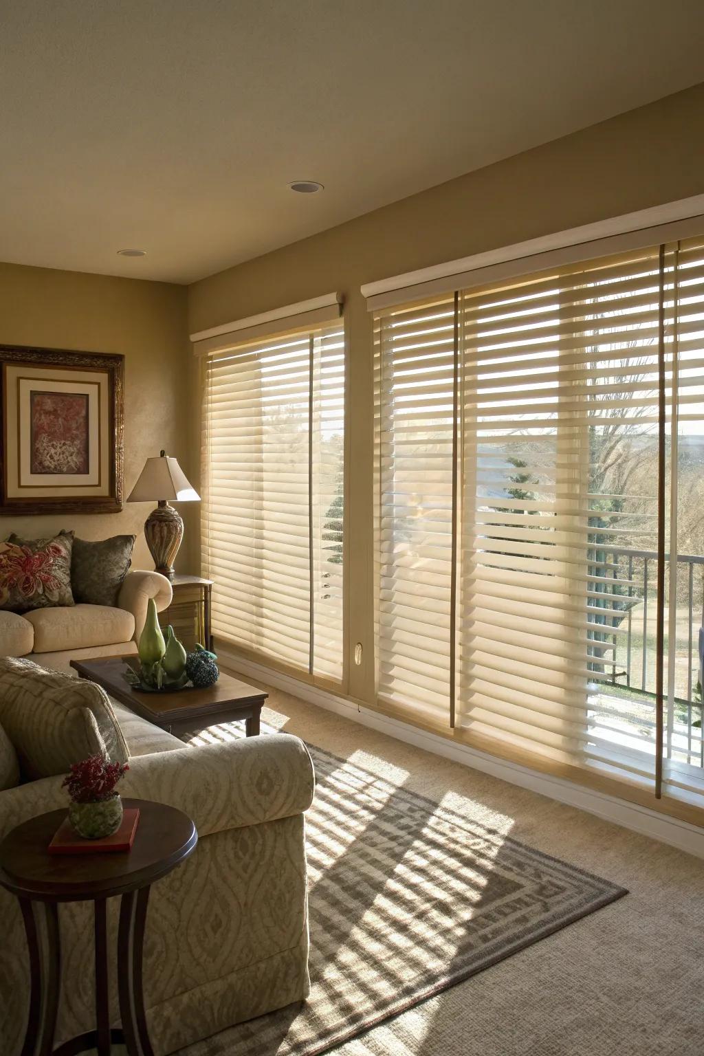 Venetian blinds grant seclusion and protection for a living space.