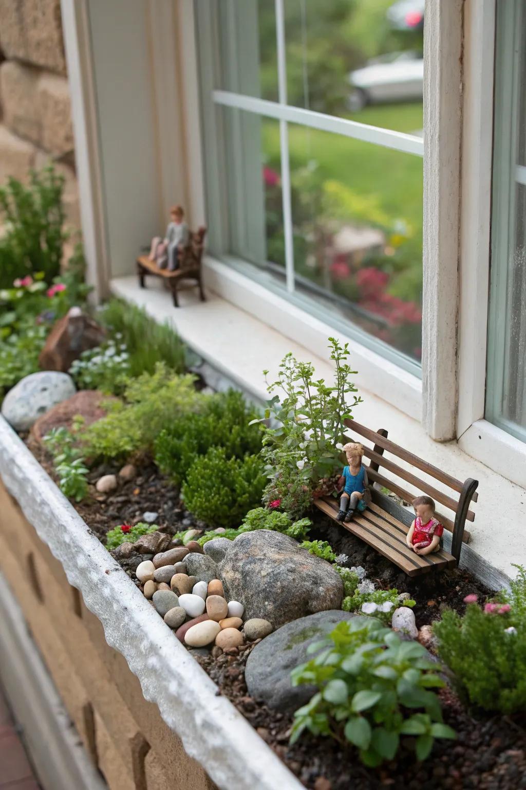 An enchanting miniature garden scene inside a window box
