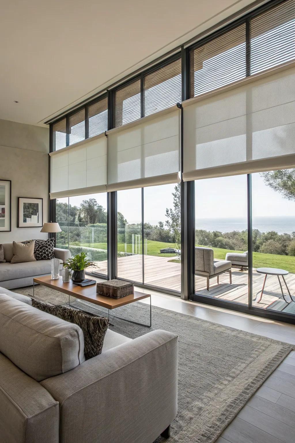 Automated blinds provide convenience for expansive windows.