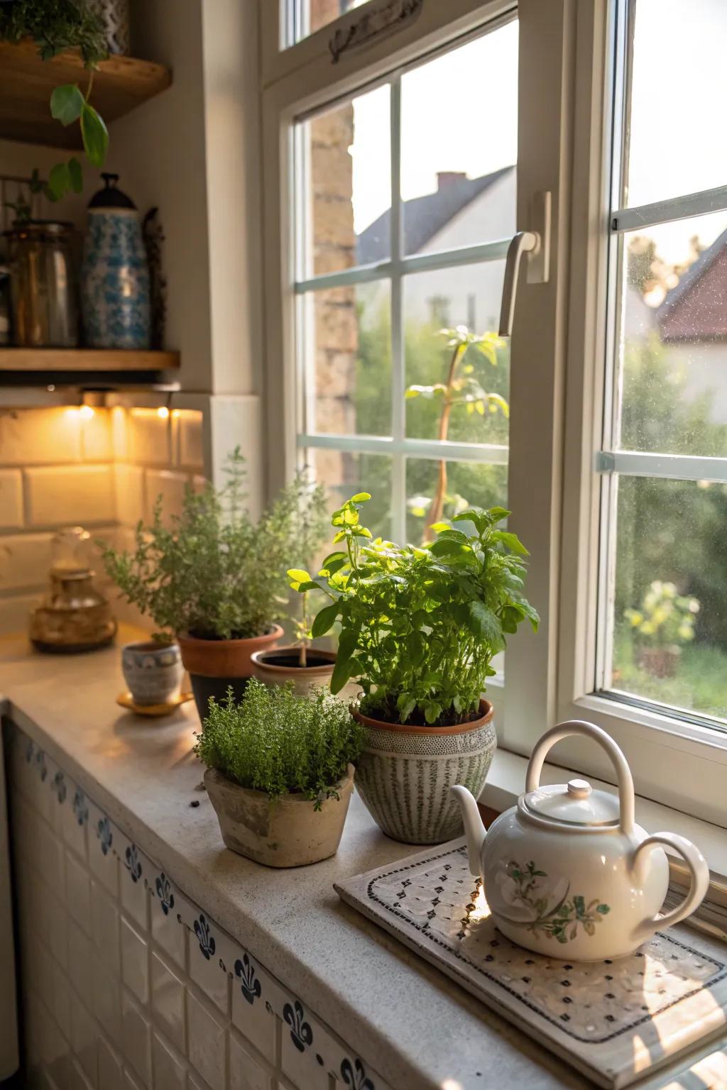 Unite beauty and usefulness in your cooking area windows with compact potted herbs.