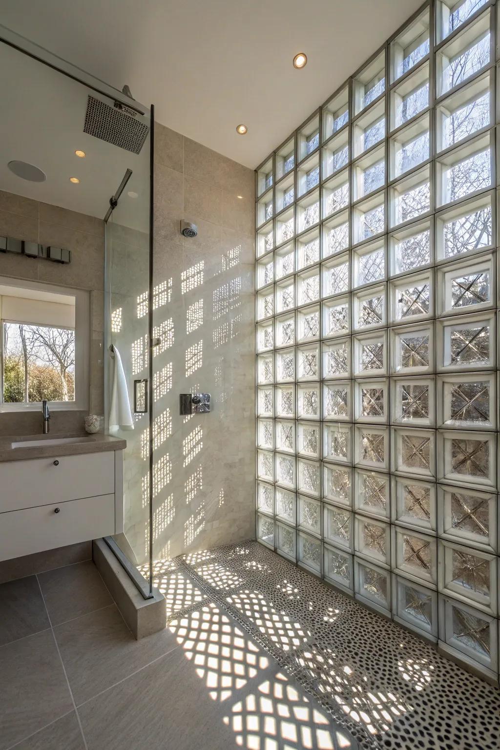 Glass blocks provide privacy and light while creating a textured wall.
