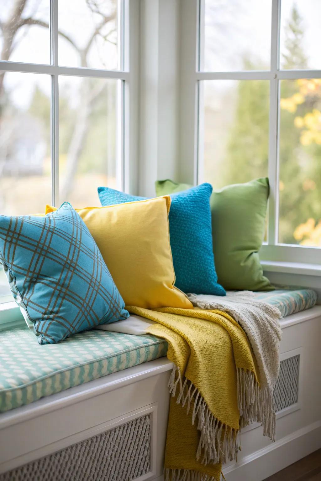 A window seat decorated with vibrant pillows and a cozy throw.