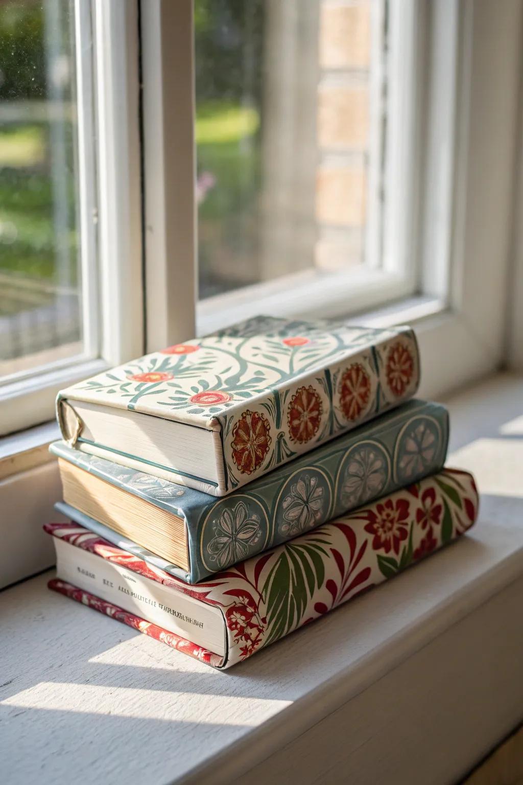 Ornamental books piled on a window sill, injecting a personalized feel.