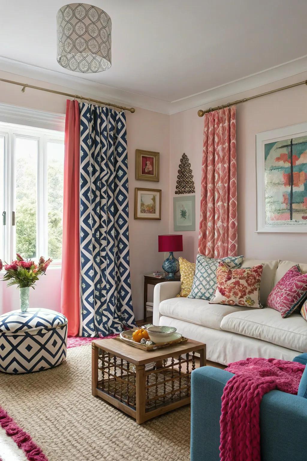 Create a focal point with lively, patterned curtains.