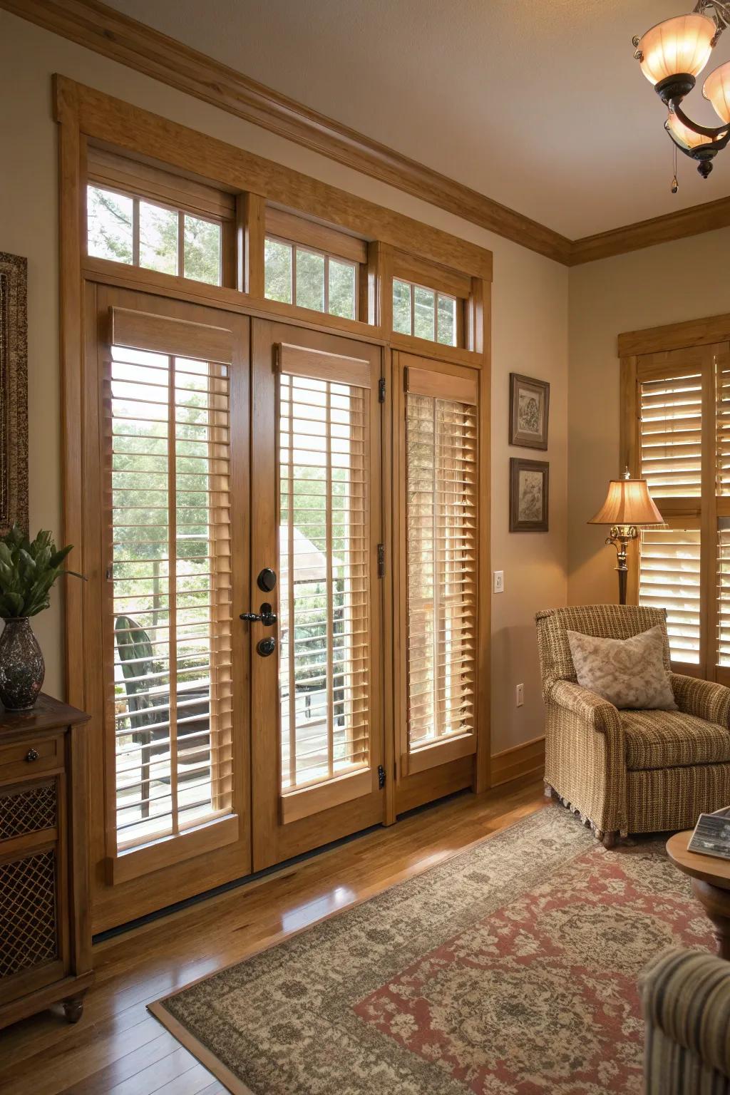 Wooden blinds bring timeless elegance to French doors.