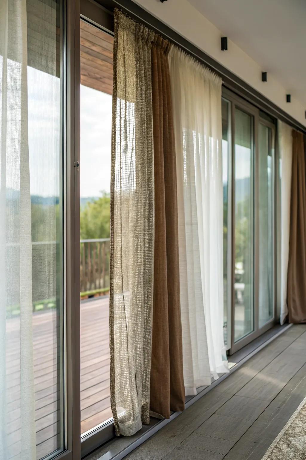 Layered curtains bringing depth and texture to sliding glass doors