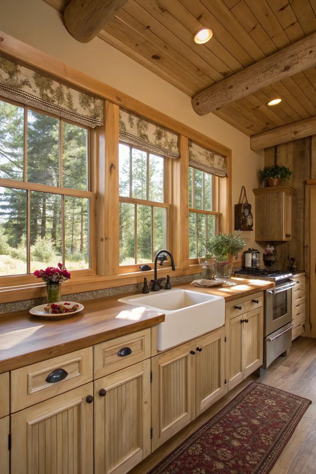 Sandstone window trim enhances a countryside kitchen design.