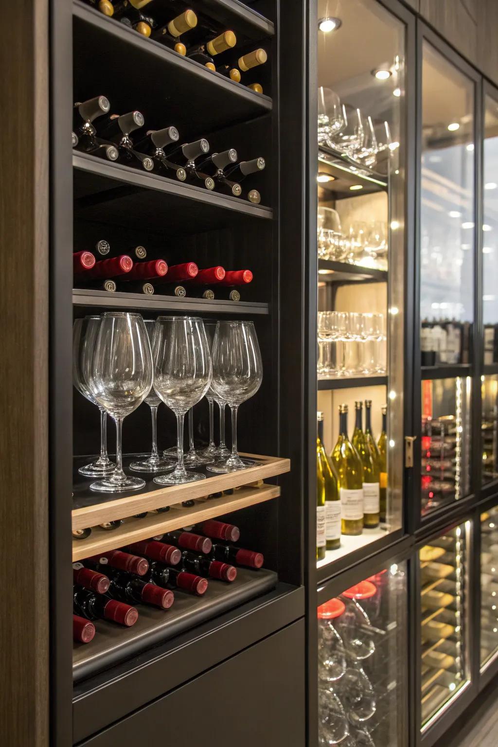 A blended storage unit elegantly uniting wine glasses and bottles.
