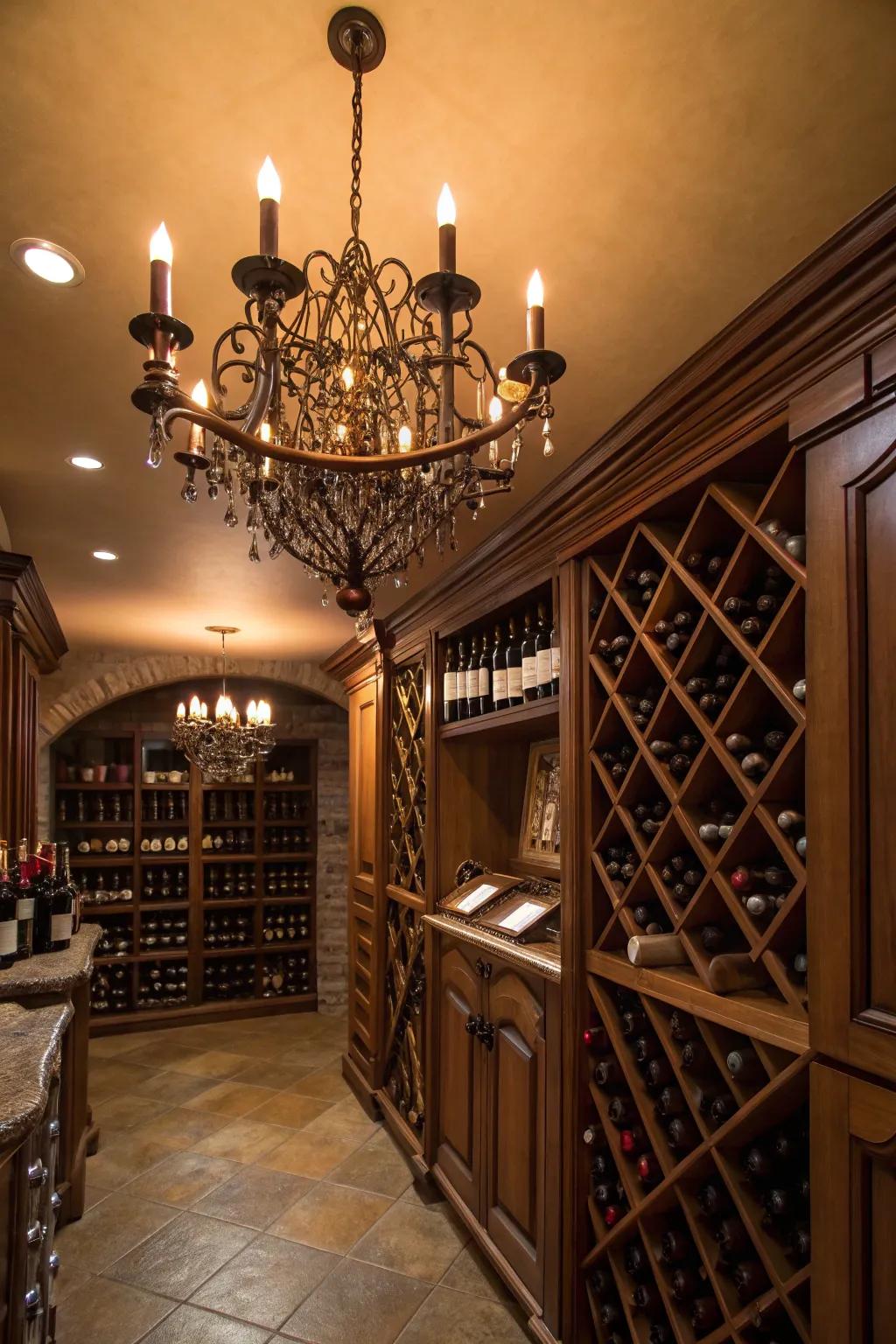 An elegant chandelier adding charm and sophistication to the wine room.