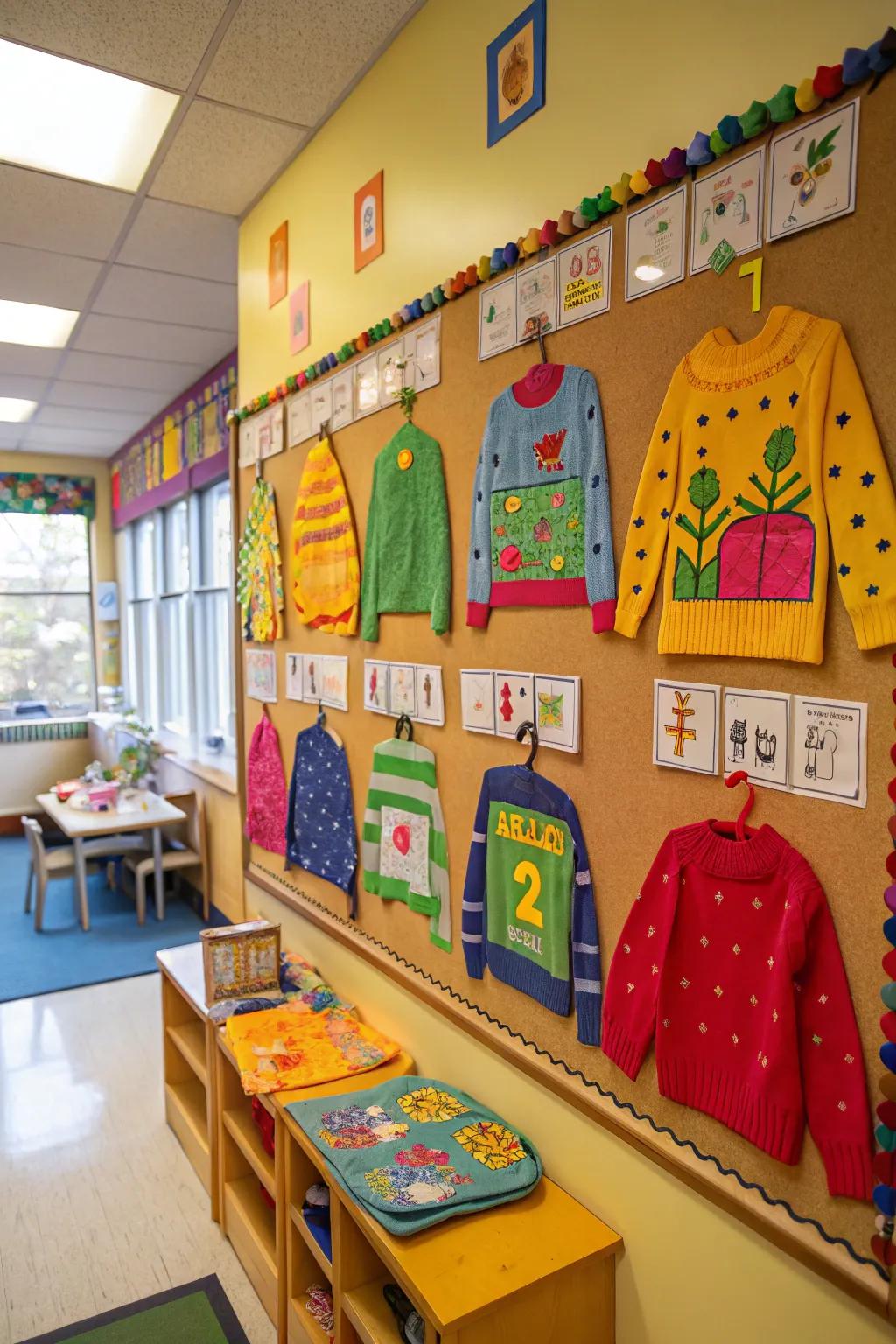 Children's knitwear designs create a warm bulletin board.